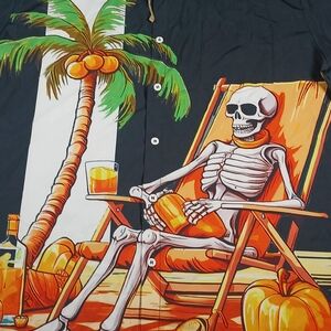 Mens Large Hawaiian Tropical Beach Fall HALLOWEEN SKELETON Button Down Shirt